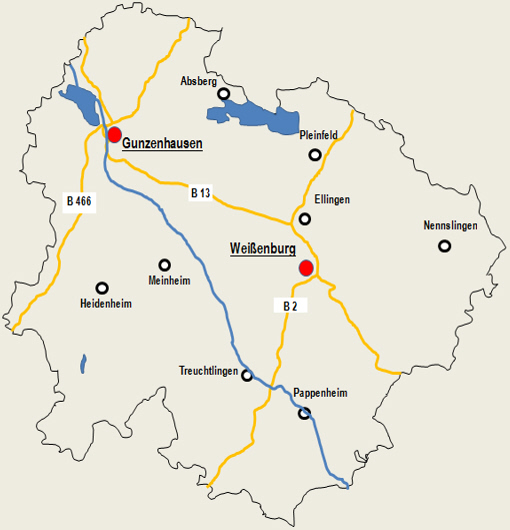 Landkarte des Landkreises Weißenburg - Gunzenhausen mit Kennzeichnung der Bundesstraßen